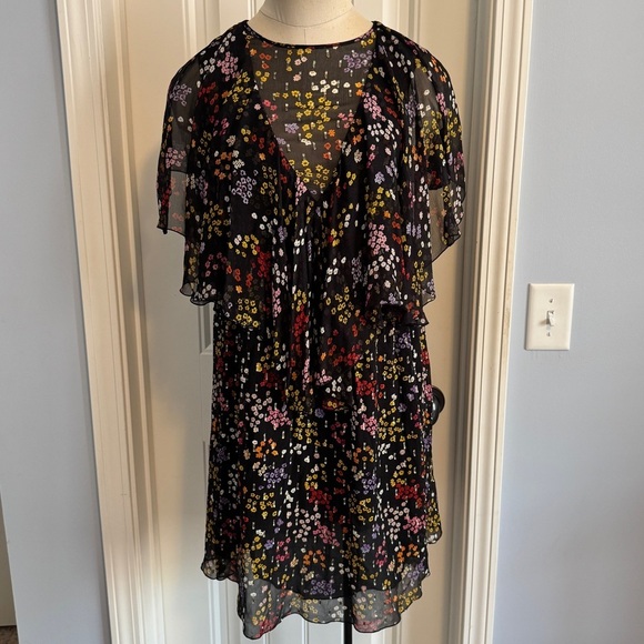 See by Chloe 34 (US 4) 100% Silk Black Floral Dress ~ Sheer Ruffle Cocktail - Picture 2 of 11